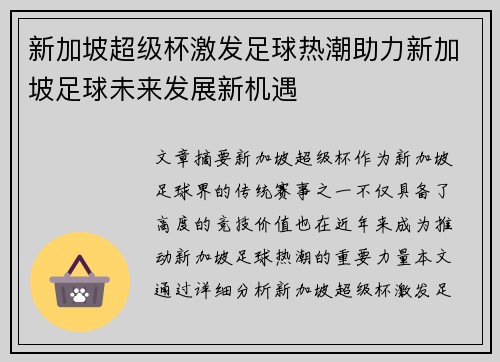 新加坡超级杯激发足球热潮助力新加坡足球未来发展新机遇
