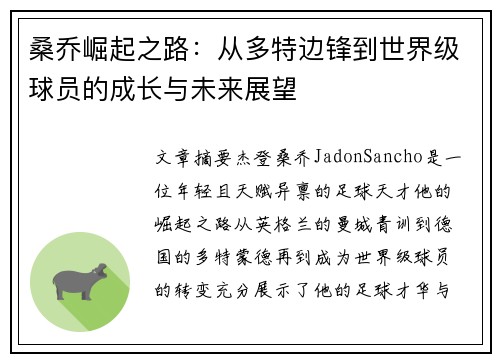 桑乔崛起之路：从多特边锋到世界级球员的成长与未来展望